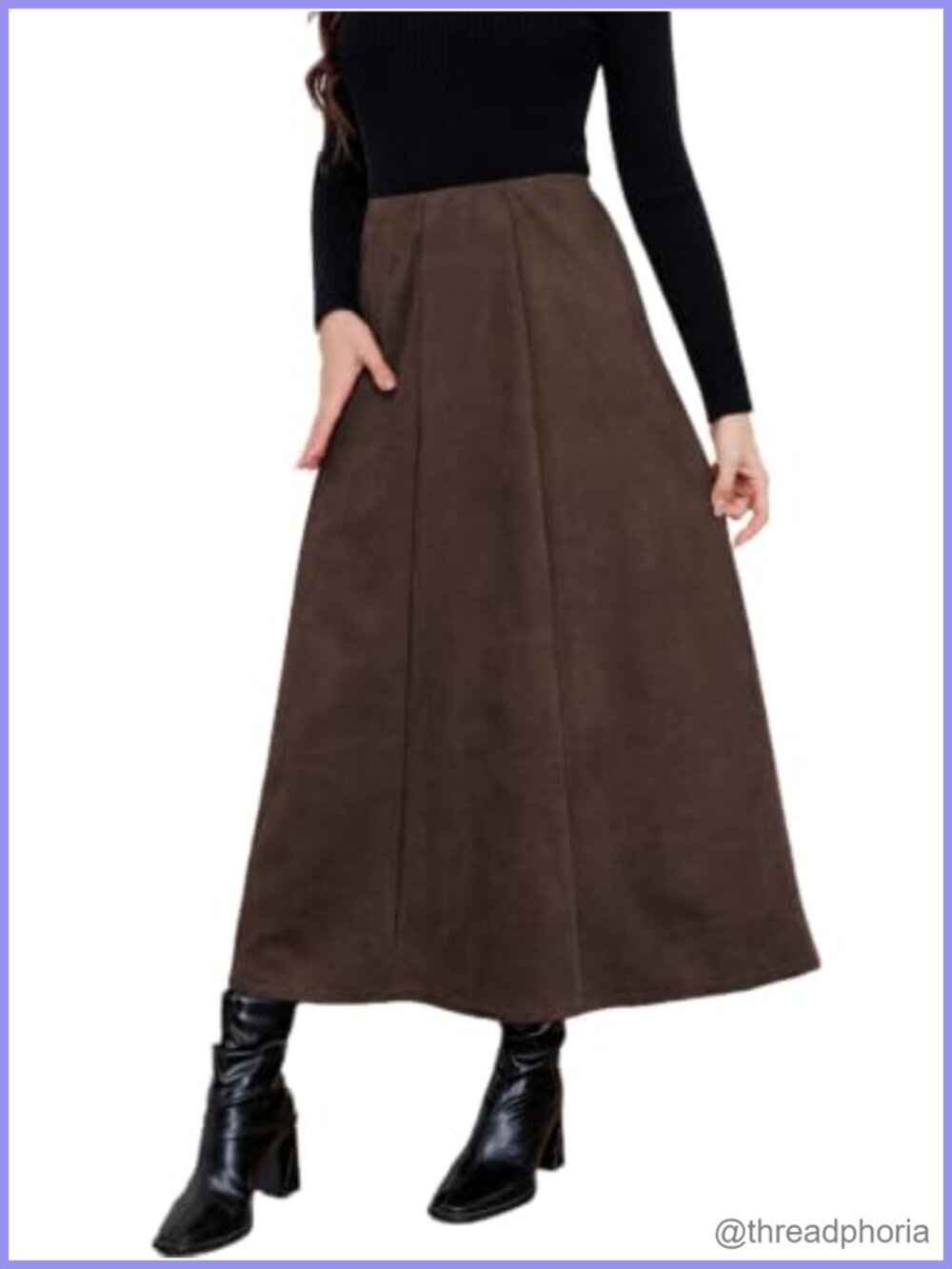 Faux Suede Midi Skirt High Waisted A-Line Flowy Work Skirt